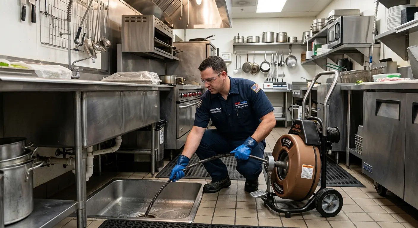 Commercial drain cleaning service in a restaurant kitchen in Webster