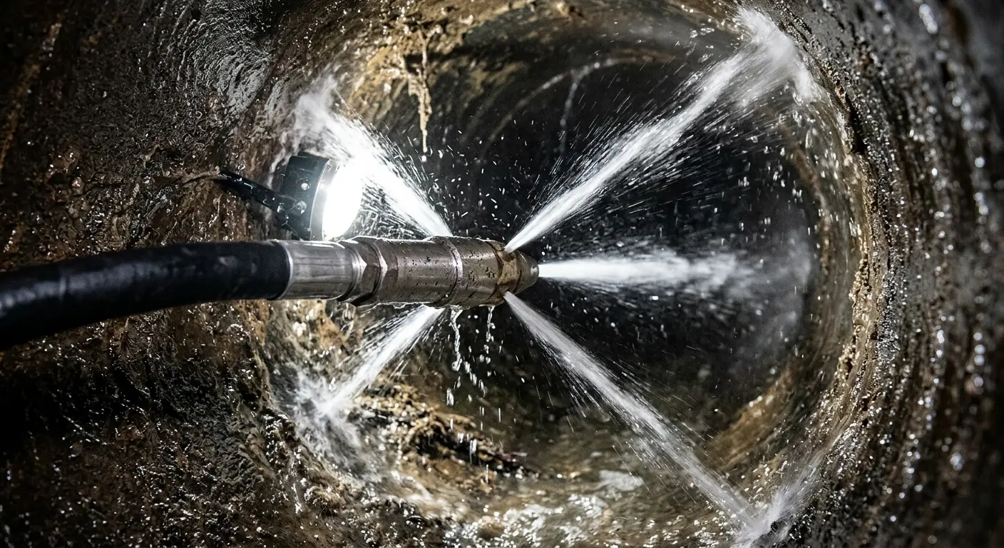 High-pressure hydro jetting nozzle cleaning sewer pipe for Trenchless Sewer Repair in Webster