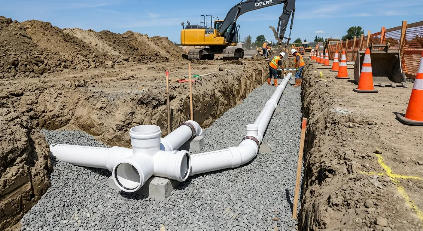 New PVC sewer pipe installation in open trench for Sewer Backup in Webster