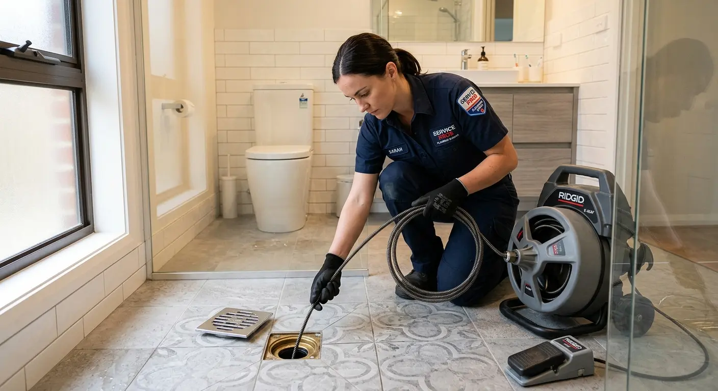 Technician clearing a bathroom floor drain for Drain Repair in Webster